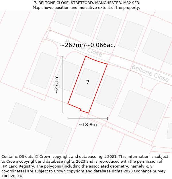 7, BELTONE CLOSE, STRETFORD, MANCHESTER, M32 9FB: Plot and title map