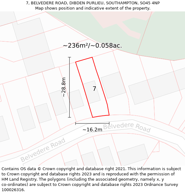 7, BELVEDERE ROAD, DIBDEN PURLIEU, SOUTHAMPTON, SO45 4NP: Plot and title map