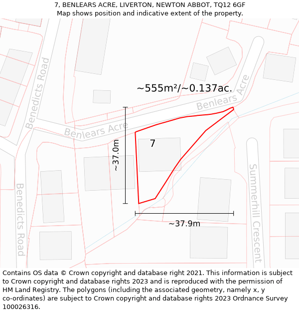 7, BENLEARS ACRE, LIVERTON, NEWTON ABBOT, TQ12 6GF: Plot and title map