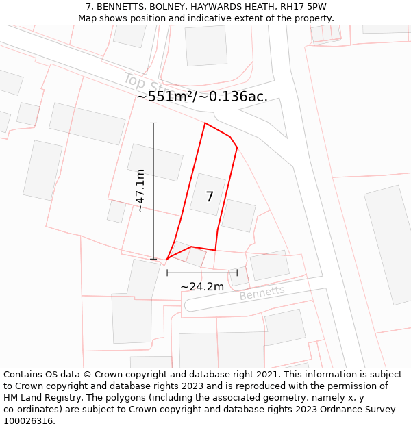 7, BENNETTS, BOLNEY, HAYWARDS HEATH, RH17 5PW: Plot and title map