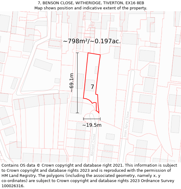 7, BENSON CLOSE, WITHERIDGE, TIVERTON, EX16 8EB: Plot and title map