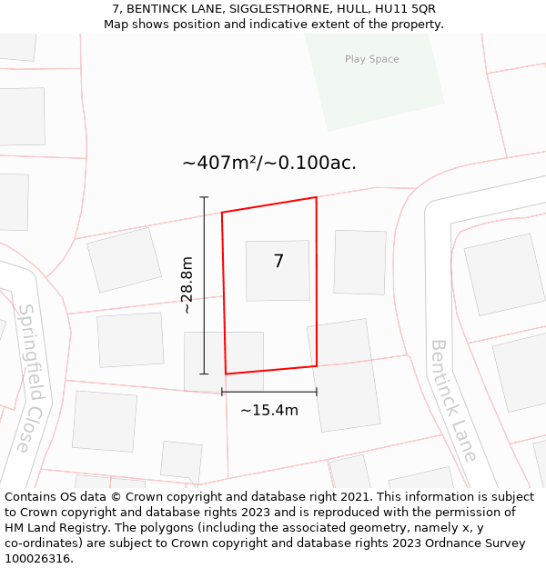 7, BENTINCK LANE, SIGGLESTHORNE, HULL, HU11 5QR: Plot and title map