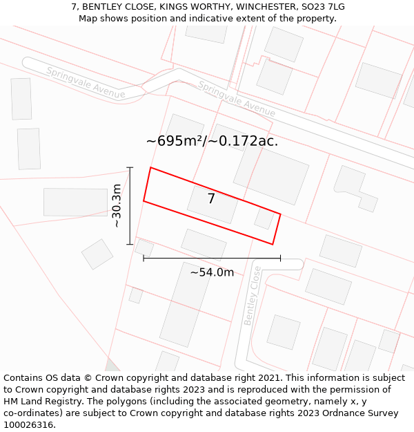 7, BENTLEY CLOSE, KINGS WORTHY, WINCHESTER, SO23 7LG: Plot and title map