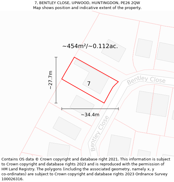 7, BENTLEY CLOSE, UPWOOD, HUNTINGDON, PE26 2QW: Plot and title map