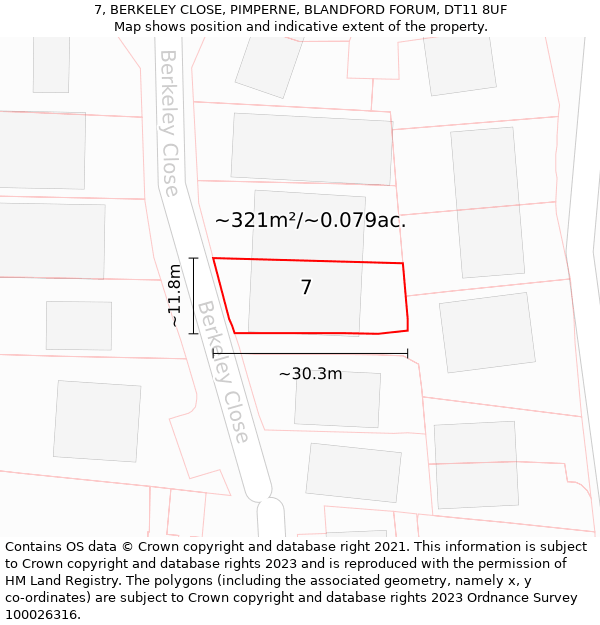 7, BERKELEY CLOSE, PIMPERNE, BLANDFORD FORUM, DT11 8UF: Plot and title map