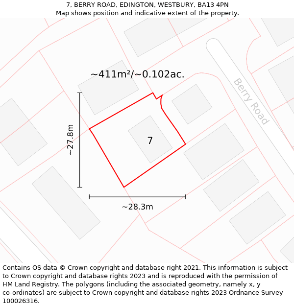 7, BERRY ROAD, EDINGTON, WESTBURY, BA13 4PN: Plot and title map