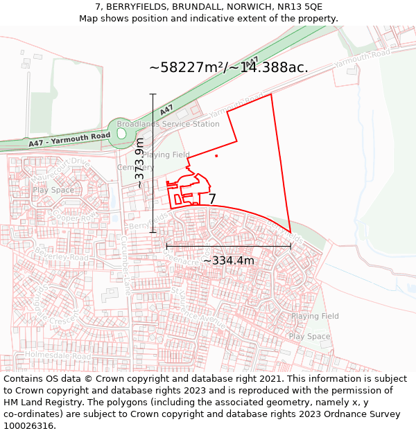 7, BERRYFIELDS, BRUNDALL, NORWICH, NR13 5QE: Plot and title map