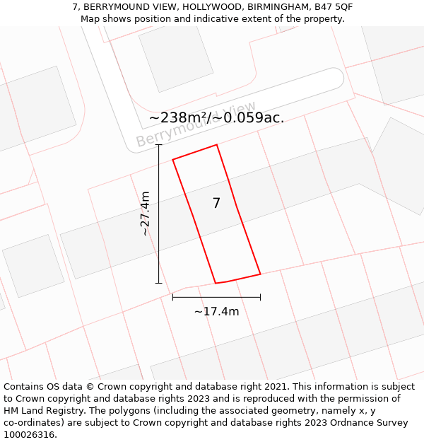 7, BERRYMOUND VIEW, HOLLYWOOD, BIRMINGHAM, B47 5QF: Plot and title map