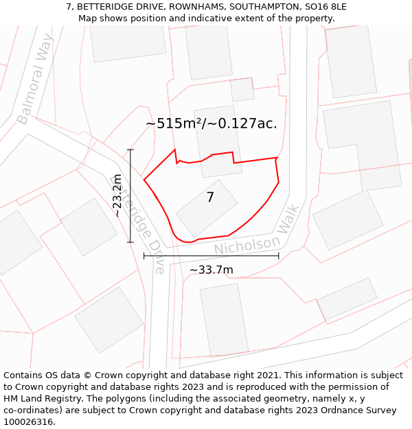 7, BETTERIDGE DRIVE, ROWNHAMS, SOUTHAMPTON, SO16 8LE: Plot and title map