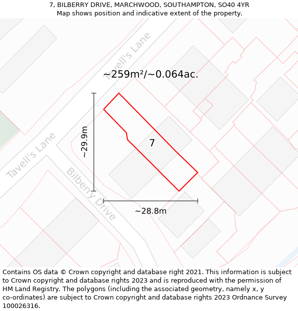 7, BILBERRY DRIVE, MARCHWOOD, SOUTHAMPTON, SO40 4YR: Plot and title map