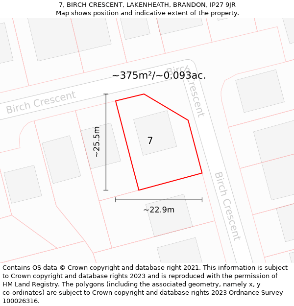 7, BIRCH CRESCENT, LAKENHEATH, BRANDON, IP27 9JR: Plot and title map