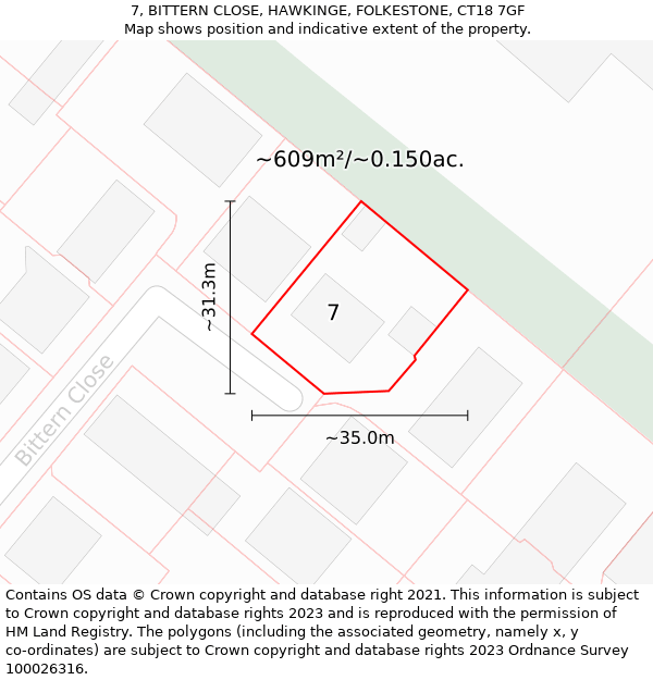 7, BITTERN CLOSE, HAWKINGE, FOLKESTONE, CT18 7GF: Plot and title map