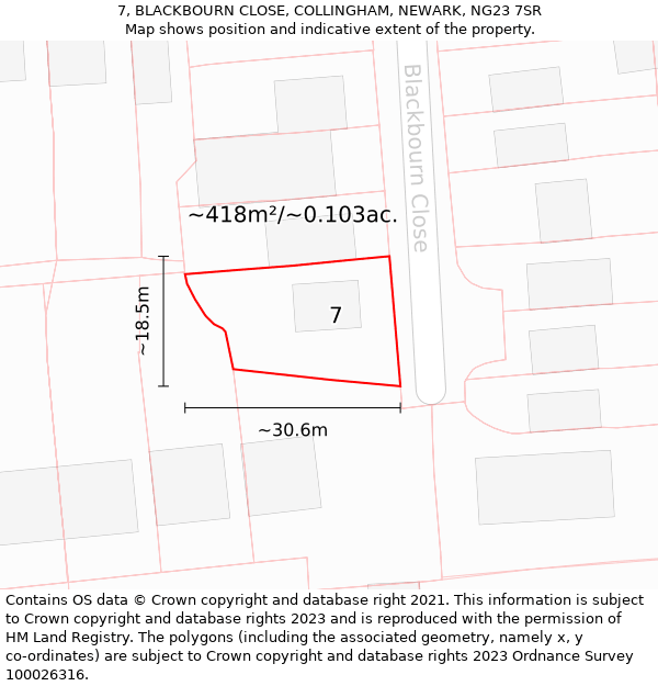 7, BLACKBOURN CLOSE, COLLINGHAM, NEWARK, NG23 7SR: Plot and title map