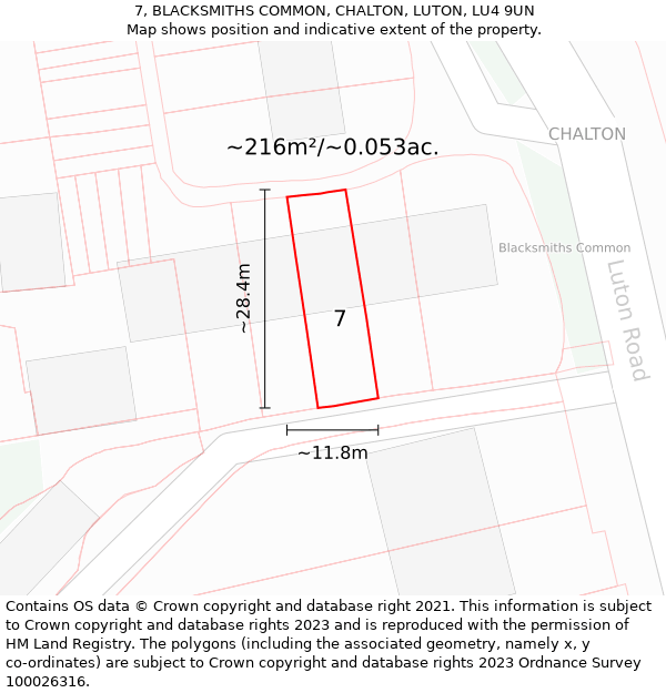 7, BLACKSMITHS COMMON, CHALTON, LUTON, LU4 9UN: Plot and title map