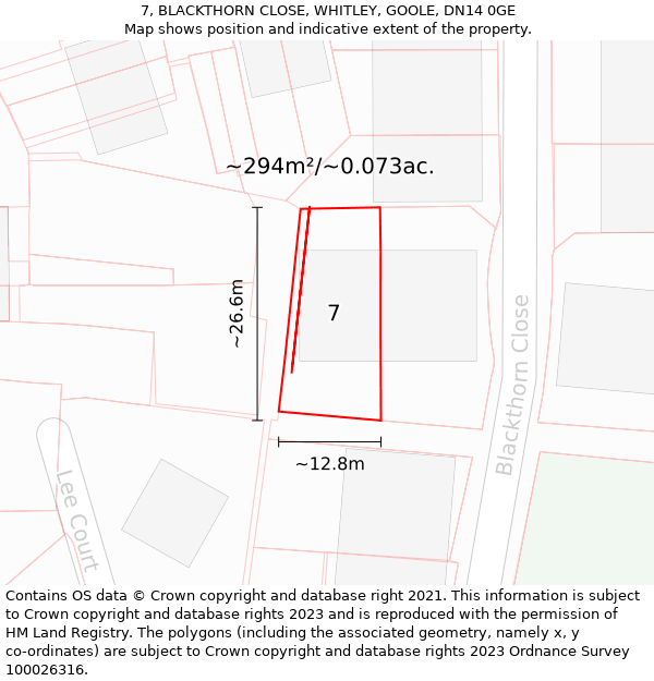 7, BLACKTHORN CLOSE, WHITLEY, GOOLE, DN14 0GE: Plot and title map