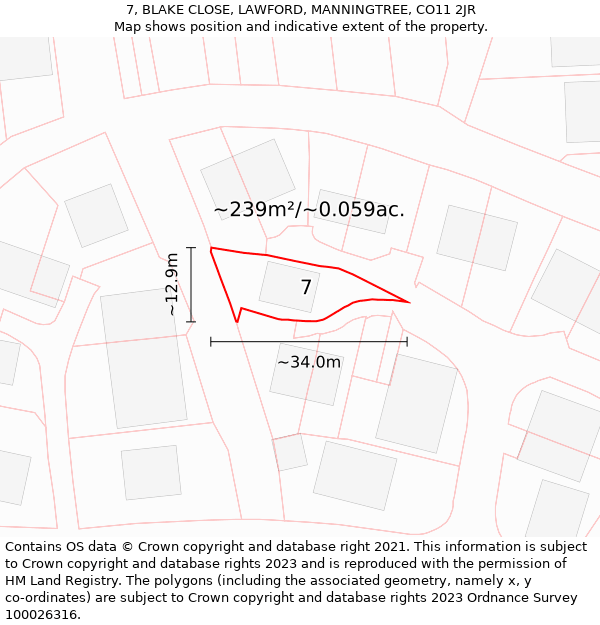 7, BLAKE CLOSE, LAWFORD, MANNINGTREE, CO11 2JR: Plot and title map