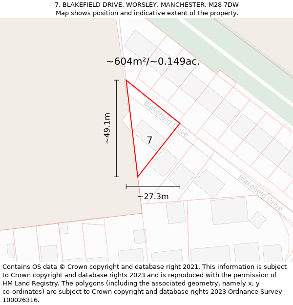 7, BLAKEFIELD DRIVE, WORSLEY, MANCHESTER, M28 7DW: Plot and title map