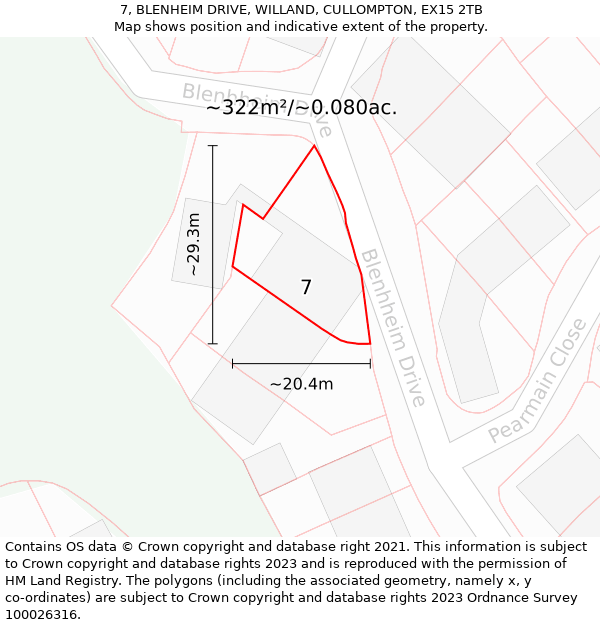 7, BLENHEIM DRIVE, WILLAND, CULLOMPTON, EX15 2TB: Plot and title map