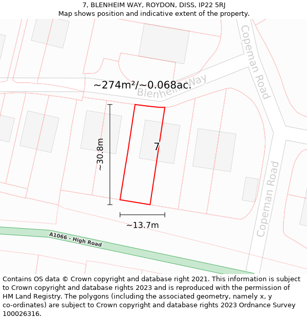 7, BLENHEIM WAY, ROYDON, DISS, IP22 5RJ: Plot and title map