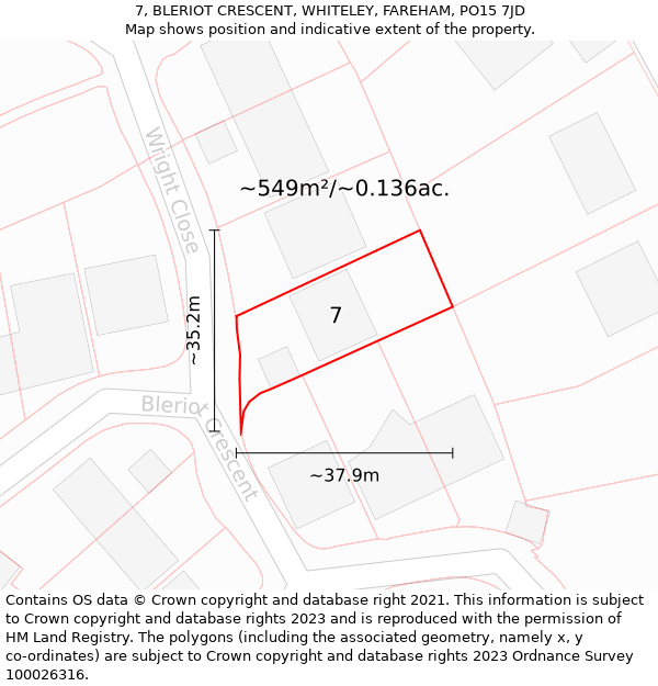 7, BLERIOT CRESCENT, WHITELEY, FAREHAM, PO15 7JD: Plot and title map