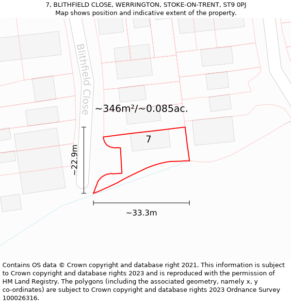 7, BLITHFIELD CLOSE, WERRINGTON, STOKE-ON-TRENT, ST9 0PJ: Plot and title map