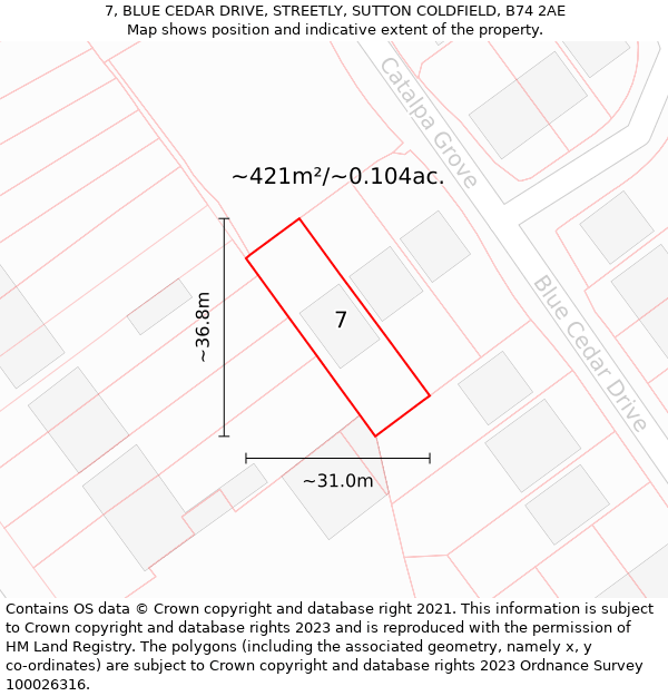 7, BLUE CEDAR DRIVE, STREETLY, SUTTON COLDFIELD, B74 2AE: Plot and title map