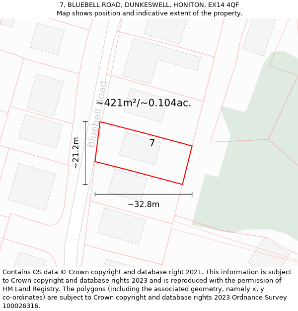 7, BLUEBELL ROAD, DUNKESWELL, HONITON, EX14 4QF: Plot and title map