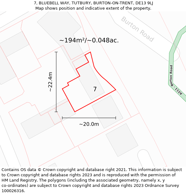 7, BLUEBELL WAY, TUTBURY, BURTON-ON-TRENT, DE13 9LJ: Plot and title map