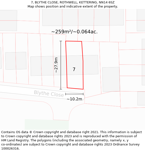 7, BLYTHE CLOSE, ROTHWELL, KETTERING, NN14 6SZ: Plot and title map