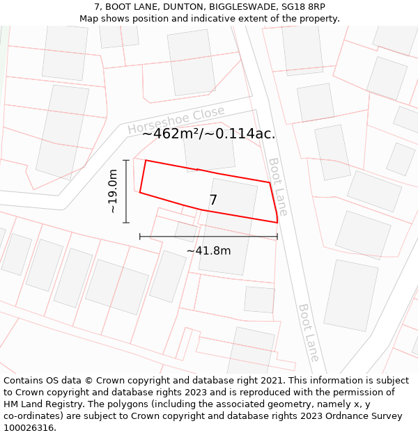 7, BOOT LANE, DUNTON, BIGGLESWADE, SG18 8RP: Plot and title map