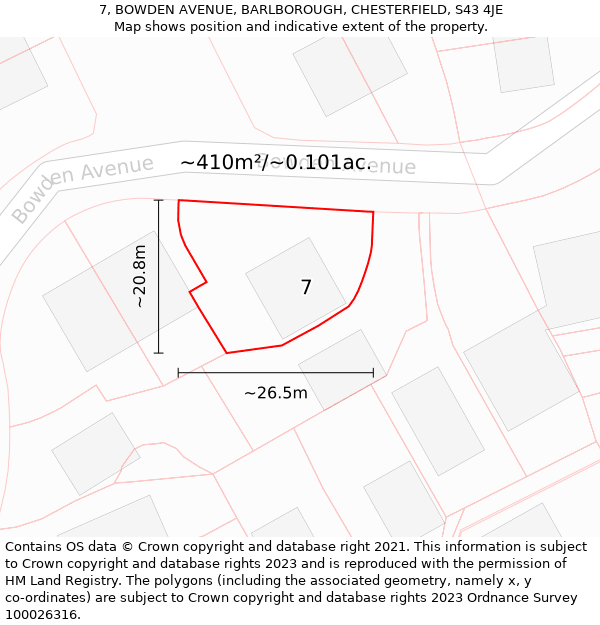 7, BOWDEN AVENUE, BARLBOROUGH, CHESTERFIELD, S43 4JE: Plot and title map