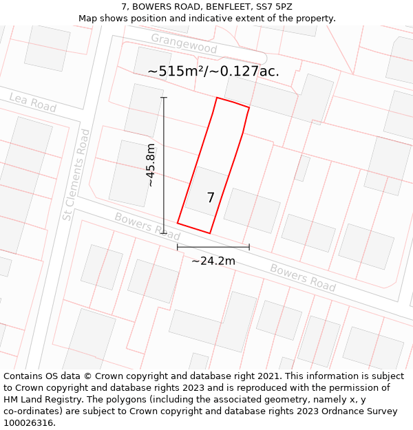 7, BOWERS ROAD, BENFLEET, SS7 5PZ: Plot and title map