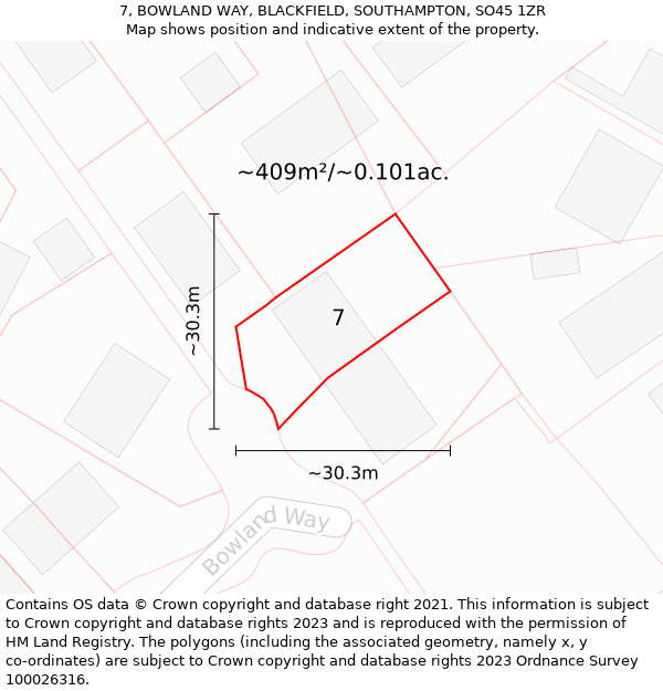 7, BOWLAND WAY, BLACKFIELD, SOUTHAMPTON, SO45 1ZR: Plot and title map