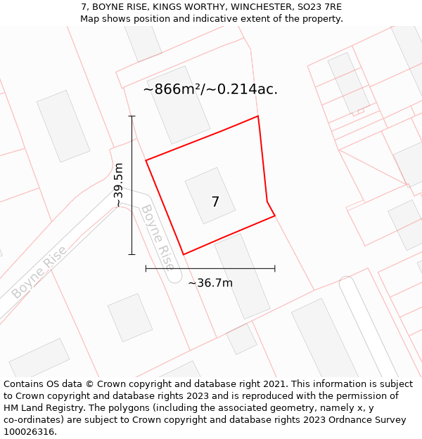 7, BOYNE RISE, KINGS WORTHY, WINCHESTER, SO23 7RE: Plot and title map