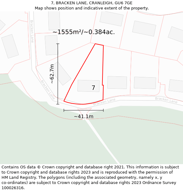 7, BRACKEN LANE, CRANLEIGH, GU6 7GE: Plot and title map