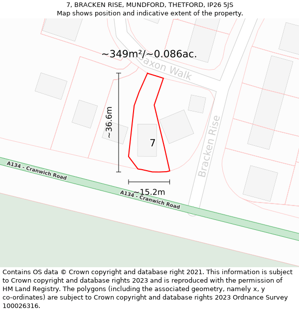 7, BRACKEN RISE, MUNDFORD, THETFORD, IP26 5JS: Plot and title map