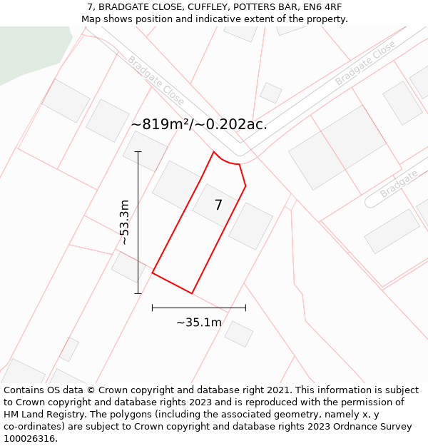 7, BRADGATE CLOSE, CUFFLEY, POTTERS BAR, EN6 4RF: Plot and title map