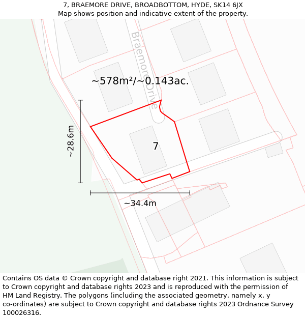 7, BRAEMORE DRIVE, BROADBOTTOM, HYDE, SK14 6JX: Plot and title map