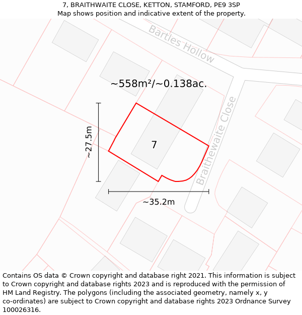 7, BRAITHWAITE CLOSE, KETTON, STAMFORD, PE9 3SP: Plot and title map