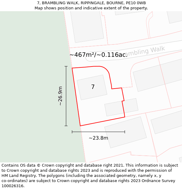 7, BRAMBLING WALK, RIPPINGALE, BOURNE, PE10 0WB: Plot and title map