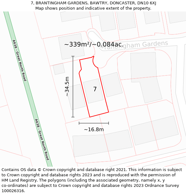 7, BRANTINGHAM GARDENS, BAWTRY, DONCASTER, DN10 6XJ: Plot and title map