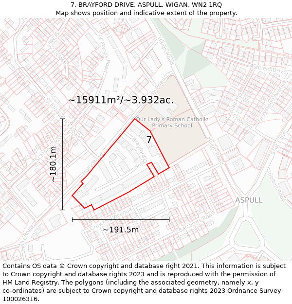 7, BRAYFORD DRIVE, ASPULL, WIGAN, WN2 1RQ: Plot and title map