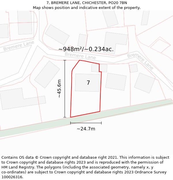 7, BREMERE LANE, CHICHESTER, PO20 7BN: Plot and title map