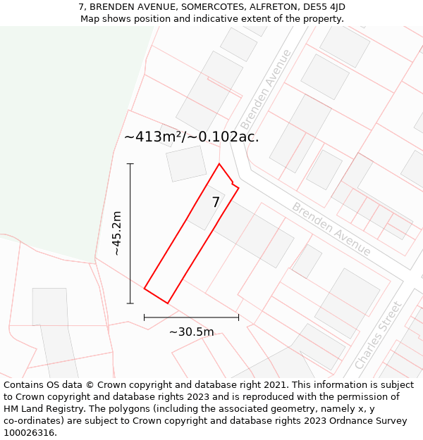 7, BRENDEN AVENUE, SOMERCOTES, ALFRETON, DE55 4JD: Plot and title map