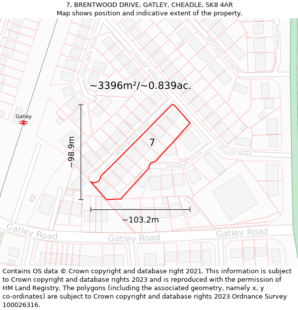 7, BRENTWOOD DRIVE, GATLEY, CHEADLE, SK8 4AR: Plot and title map