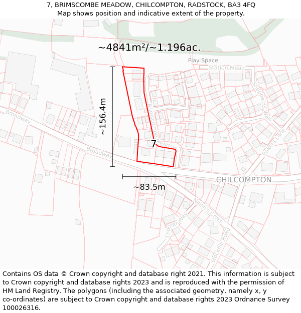 7, BRIMSCOMBE MEADOW, CHILCOMPTON, RADSTOCK, BA3 4FQ: Plot and title map