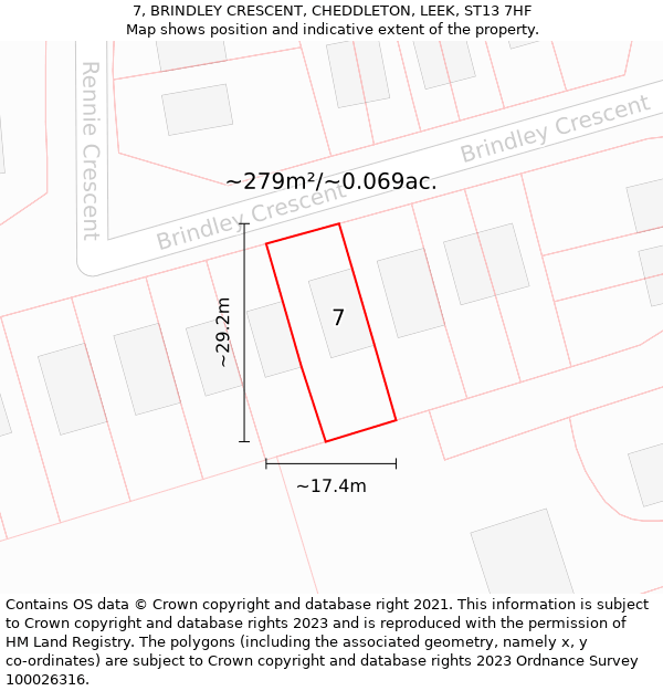 7, BRINDLEY CRESCENT, CHEDDLETON, LEEK, ST13 7HF: Plot and title map