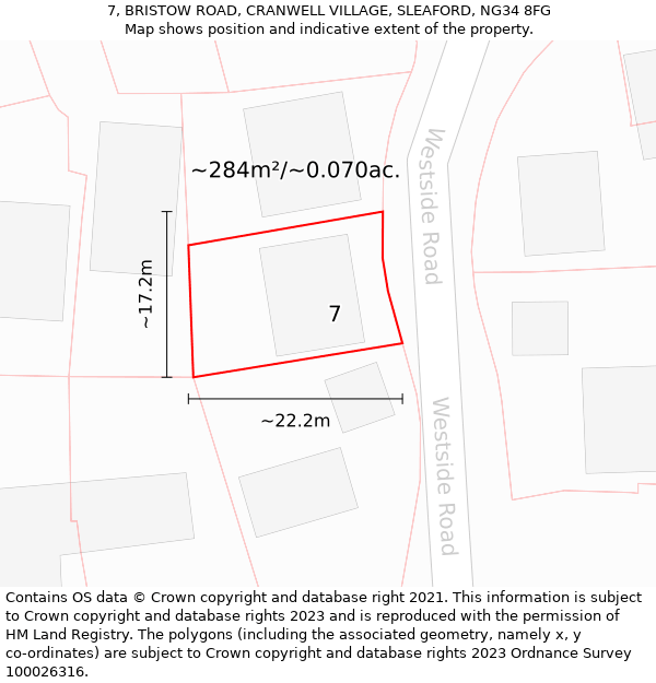 7, BRISTOW ROAD, CRANWELL VILLAGE, SLEAFORD, NG34 8FG: Plot and title map