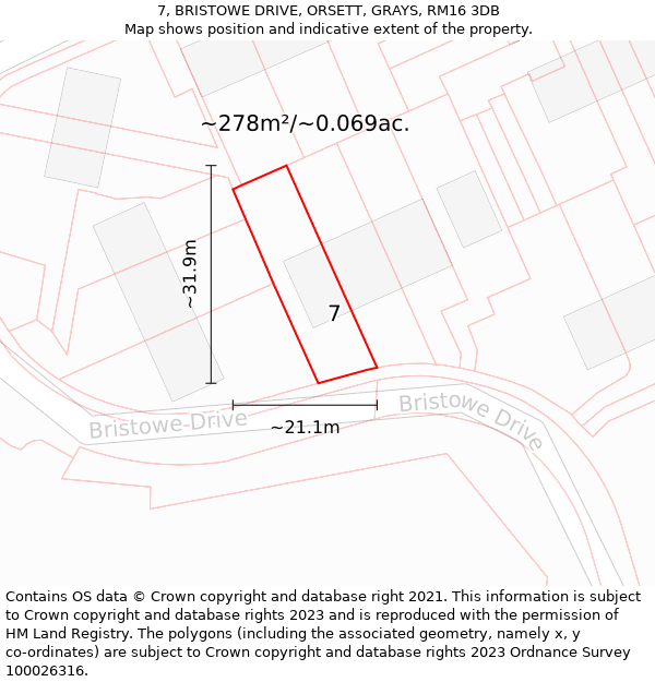 7, BRISTOWE DRIVE, ORSETT, GRAYS, RM16 3DB: Plot and title map