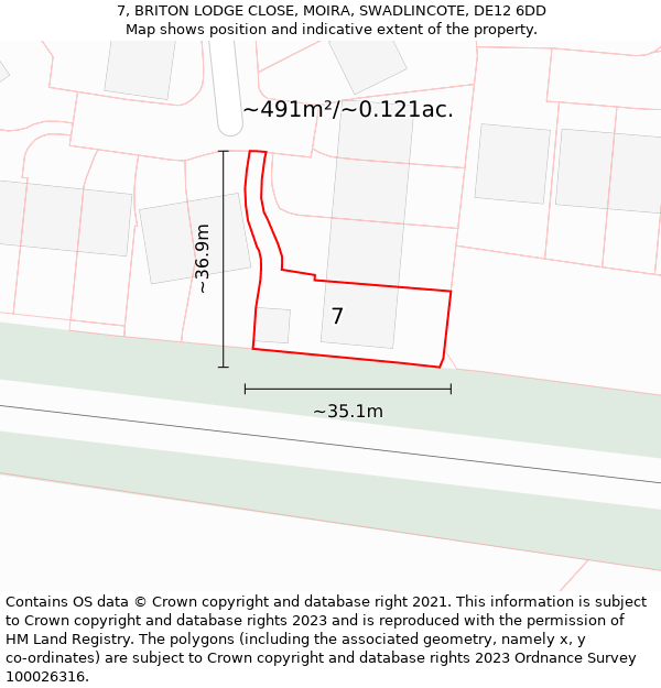 7, BRITON LODGE CLOSE, MOIRA, SWADLINCOTE, DE12 6DD: Plot and title map